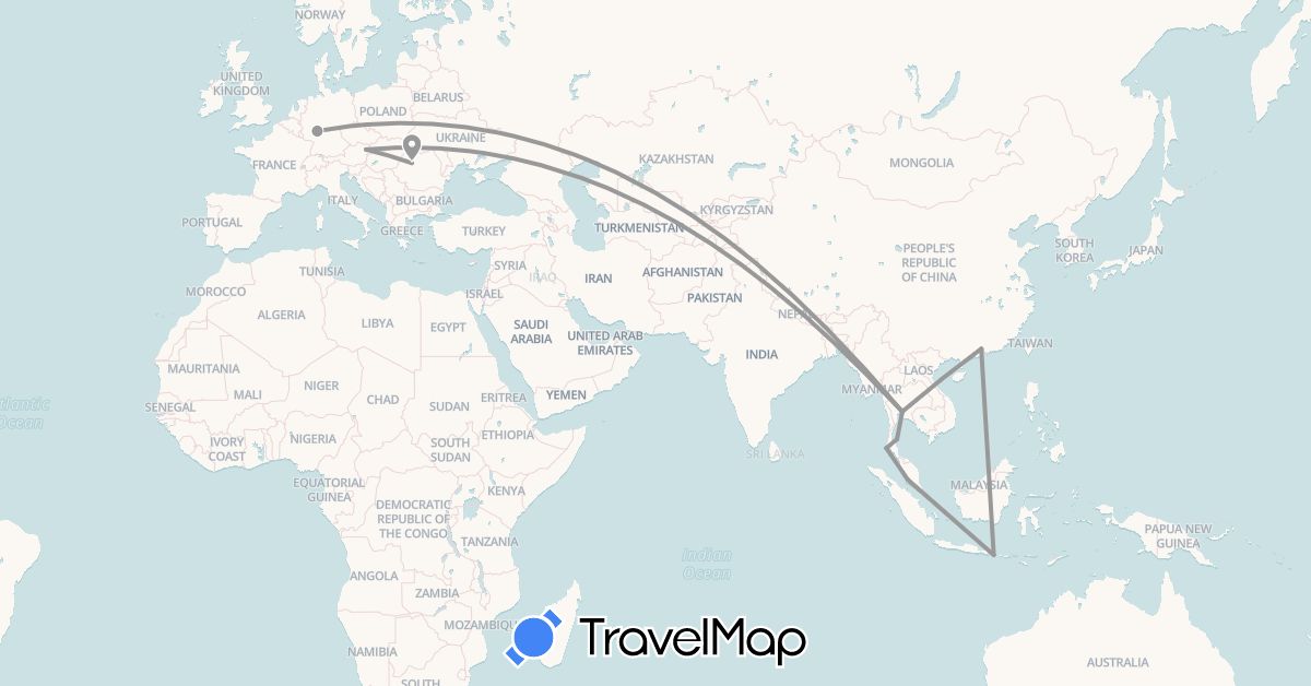 TravelMap itinerary: plane in Austria, China, Germany, Indonesia, Malaysia, Romania, Thailand (Asia, Europe)